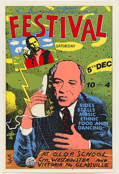 Artist: b'WORSTEAD, Paul' | Title: b'Christmas Festival (Maxwell Smart and chief)' | Date: 1981 | Technique: b'screenprint, printed in colour, from four stencils' | Copyright: b'This work appears on screen courtesy of the artist'