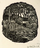 Artist: b'OGILVIE, Helen' | Title: b'not titled [Path with steps, garden seat, urn and surrounding garden].' | Date: c.1947 | Technique: b'wood-engraving, printed in black ink, from one block'