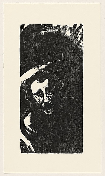 Artist: b'AMOR, Rick' | Title: b'not titled (screaming male face 3).' | Date: (1990) | Technique: b'woodcut, printed in black ink, from one block'