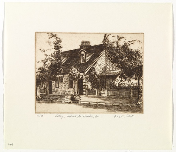 Artist: b'PLATT, Austin' | Title: b'Cottage, Victoria St, Paddington' | Date: 1978 | Technique: b'etching, printed in black ink, from one plate'