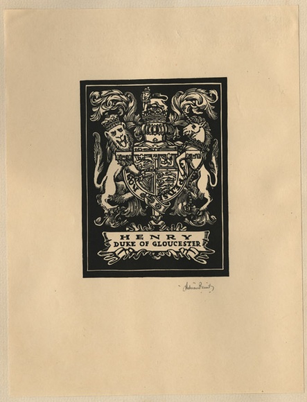 Artist: FEINT, Adrian | Title: Bookplate: Henry, Duke of Gloucester. | Date: (1934) | Technique: wood-engraving, printed in black ink, from one block | Copyright: Courtesy the Estate of Adrian Feint