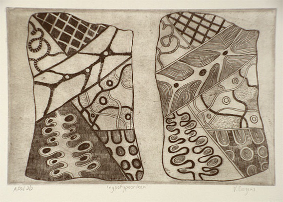 Artist: b'Couzens, Vicki.' | Title: b'Ngootypoorteen' | Date: 2000, June | Technique: b'etching, printed in black ink, from one plate' | Copyright: b'\xc2\xa9 V. Couzens'