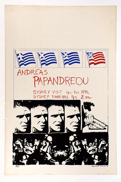 Artist: b'LITTLE, Colin' | Title: b'Andreas Papanderou: Sydney visit 14th-16th April [1974].' | Date: 1974 | Technique: b'screenprint, printed in colour, from multiple stencils'