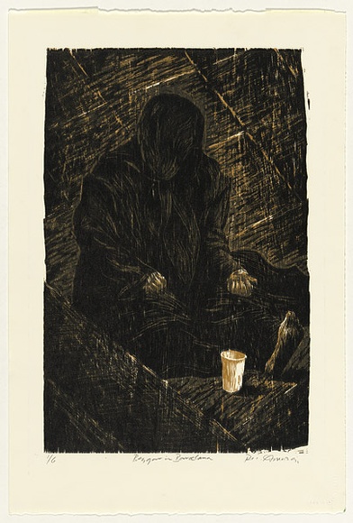 Artist: b'AMOR, Rick' | Title: b'Beggar in Barcelona.' | Date: 1991 | Technique: b'woodcut, printed in black, brown and grey ink, from three blocks'