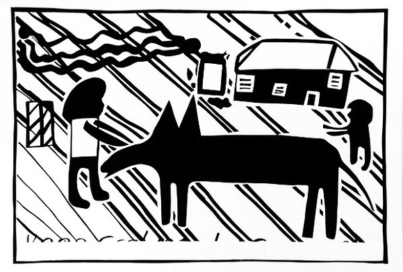 Artist: Jurrah, Roger. | Title: Scabies Dogs Out (black stencil) | Date: 1990 | Technique: screenprint, printed in colour, from three stencils