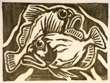 Artist: b'Stephen, Clive.' | Title: b'(Two fish)' | Date: c.1950 | Technique: b'linocut, printed in black ink, from one block'