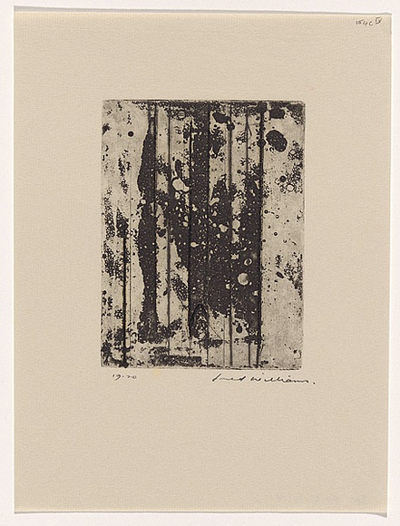 Artist: b'WILLIAMS, Fred' | Title: b'Landscape panel. Number 6' | Date: 1962 | Technique: b'aquatint, drypoint and engraving, printed in black ink, from one copper plate' | Copyright: b'\xc2\xa9 Fred Williams Estate'