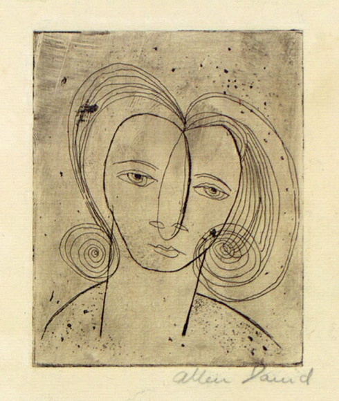 Artist: b'David, Allen.' | Title: b'(Head of woman).' | Date: (1953) | Technique: b'etching, printed in black ink with plate-tone, from one plate'