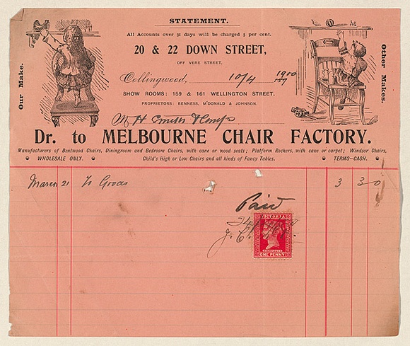 Title: b'Bill head for Melbourne chair factory' | Date: 1890s | Technique: b'wood-engraving, printed in black ink, from one block; letterpress'