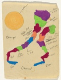 Artist: SHEARER, Mitzi | Title: Drawing for linoblock from The giants are coming | Date: c.1978 | Technique: pencil, and yellow, red, green, blue, purple, pink wax crayons, and ballpoint pen