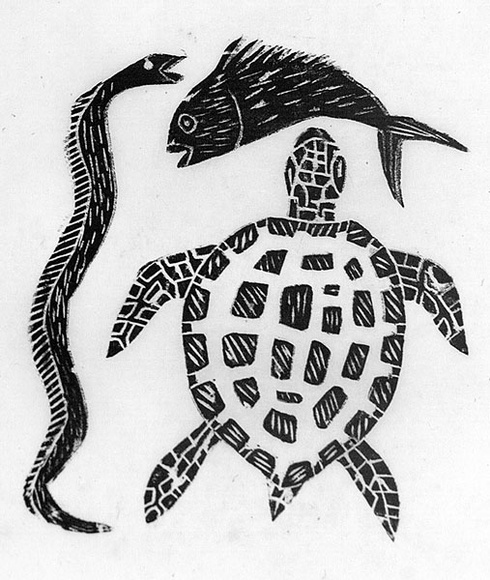 Artist: Artist unknown | Title: Snake, fish and turtle | Date: 1970s | Technique: woodcut, printed in black ink, from one block