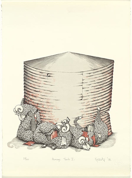 Artist: b'Kossatz, Les.' | Title: b'Homage tank I.' | Date: 1978 | Technique: b'lithograph, printed in black ink, from one stone [or plate]' | Copyright: b'\xc2\xa9 Les Kossatz. Licensed by VISCOPY, Australia'