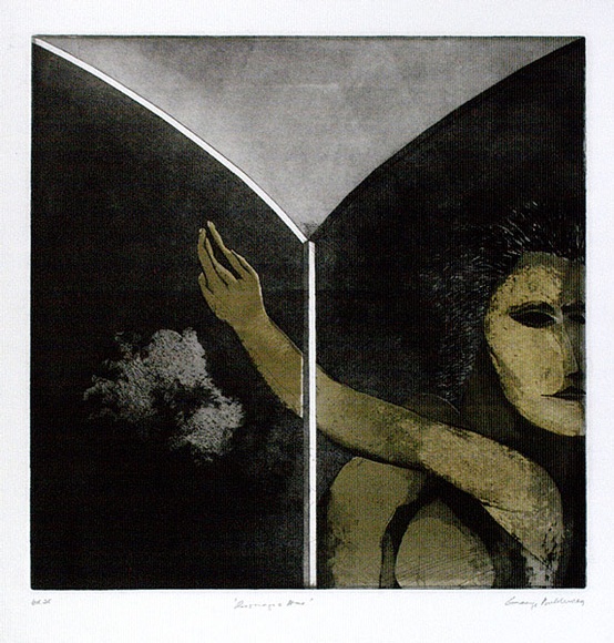 Artist: b'BALDESSIN, George' | Title: b'Personage and tree.' | Date: 1969 | Technique: b'etching and aquatint, printed in black ink, from one plate; stencil, printed in green ink from one stencil.'