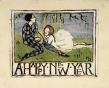Artist: SPOWERS, Ethel | Title: Greeting card: A Happy New Year | Date: c.1926 | Technique: linocut, printed in colour in the Japanese manner, from multiple blocks