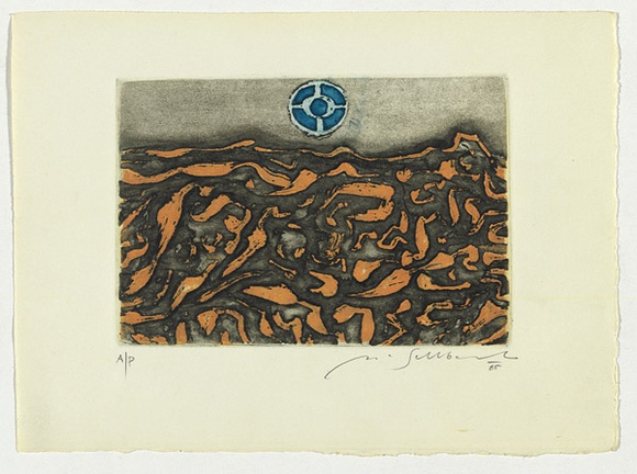 Artist: b'SELLBACH, Udo' | Title: b'(Landscape)' | Date: 1965 | Technique: b'etching and aquatint printed in blue, orange and black ink, from one plate'