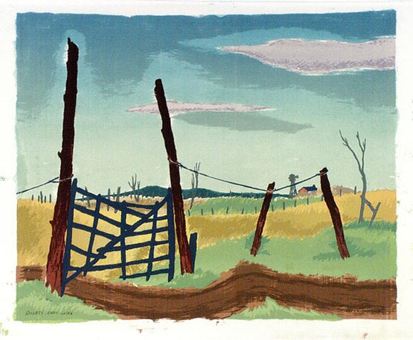 Artist: b'Sumner, Alan.' | Title: b'Rickety farm gates' | Date: 1944-46 | Technique: b'screenprint, printed in colour, from 20 stencils'