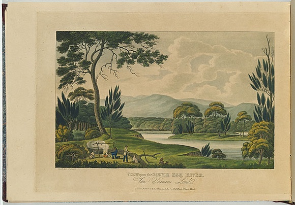 Artist: b'Lycett, Joseph.' | Title: bView upon the South Esk River, Van Diemen's Land. | Date: 1825 | Technique: b'etching, aquatint and roulette, printed in black ink, from one copper plate; hand-coloured'