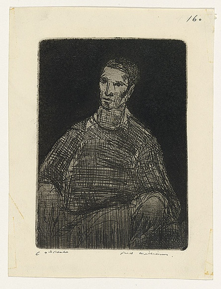 Artist: b'WILLIAMS, Fred' | Title: b'Artist' | Date: 1955-56 | Technique: b'etching, aquatint, drypoint and flat biting, printed in black ink, from one zinc plate' | Copyright: b'\xc2\xa9 Fred Williams Estate'