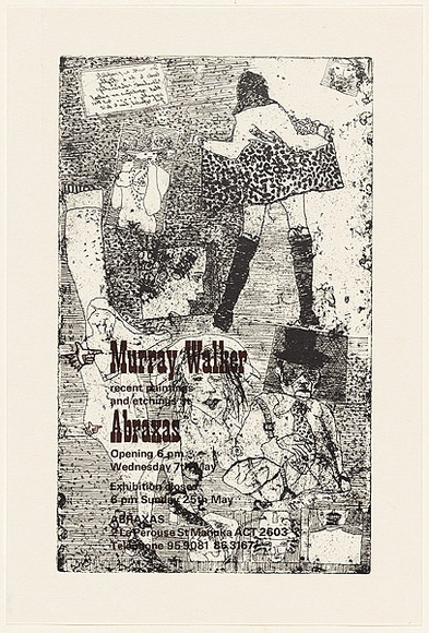 Artist: b'WALKER, Murray' | Title: b'Murray Walker recent paintings and etchings at Abraxas [gallery].' | Date: 1985 | Technique: b'photo-lithograph, screenprint, printed in black and brown ink'