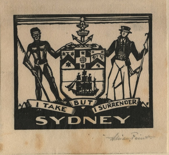 Artist: b'FEINT, Adrian' | Title: b'Sydney; I take but I surrender.' | Date: c.1930 | Technique: b'wood-engraving, printed in black ink, from one block' | Copyright: b'Courtesy the Estate of Adrian Feint'