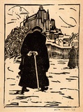 Artist: bO'Connor, Vic. | Title: b'Mt. St. Michel' | Date: c.1937 | Technique: b'linocut, printed in black ink, from one block' | Copyright: b'Reproduced with permission of the artist.'