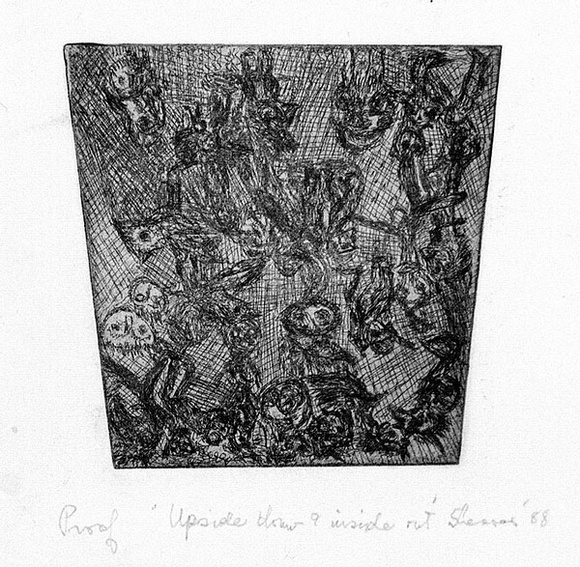 Artist: b'SHEARER, Mitzi' | Title: b'Upside down and inside out.' | Date: 1988 | Technique: b'etching, printed in black, with plate-tone, from one plate'