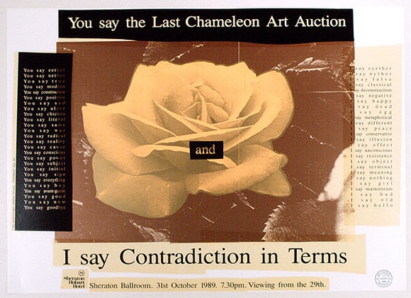 Artist: b'ARNOLD, Raymond' | Title: b'You say the last Chameleon Art Auction: I say contradiction in terms.' | Date: 1989 | Technique: b'screenprint, printed in colour, from five stencils'