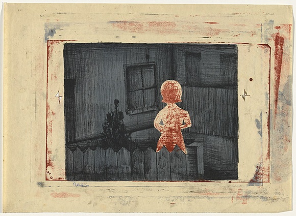 Artist: b'Blackman, Charles.' | Title: b'Figure by fence.' | Date: (1953-57) | Technique: b'lithograph, printed in colour, from multiple plates in blue, black and red ink'