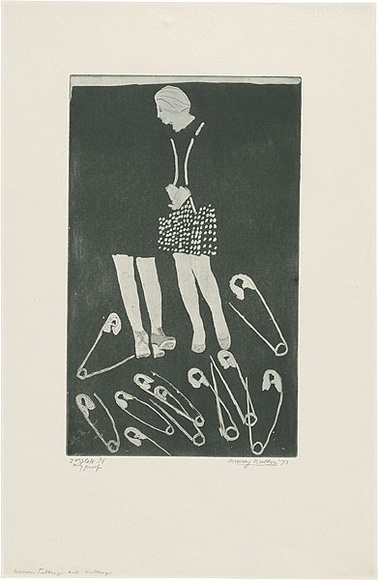 Artist: b'WALKER, Murray' | Title: b'Women talking and walking.' | Date: 1973 | Technique: b'etching and aquatint, printed in black ink, from one plate'