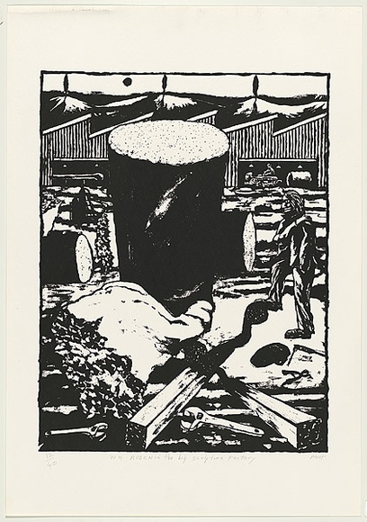 Artist: b'WORSTEAD, Paul' | Title: b'W H Auden in the big sculpture factory' | Date: 1991 | Technique: b'screenprint, printed in black ink, from one stencil' | Copyright: b'This work appears on screen courtesy of the artist'