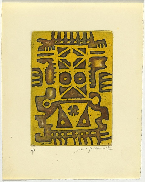 Artist: b'SELLBACH, Udo' | Title: b'(Circles and triangles)' | Date: (1965) | Technique: b'etching printed in yellow and brown ink, from two plates'