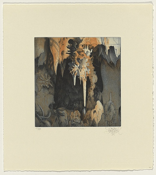 Title: b'Jenolan Caves, New South Wales' | Date: 1989 | Technique: b'etching, printed in blue and orange ink, from one plate'