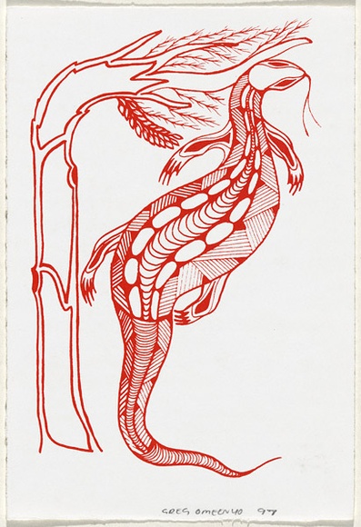 Artist: b'Omeenyo, Gregory' | Title: b'Lizard and tree card print' | Date: 1997, November | Technique: b'screenprint, printed in red ink, from one stencil'