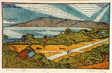 Artist: b'Syme, Eveline' | Title: b'The bay' | Date: 1932 | Technique: b'linocut, printed in colour, from four blocks (yellow ochre, vermillion, cerulean blue, cobalt blue)'