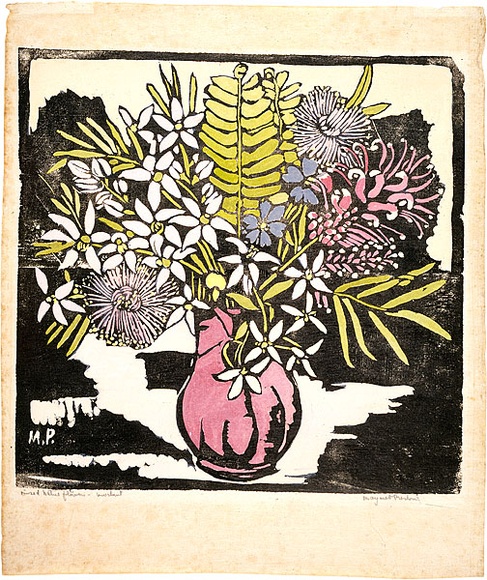 Artist: b'PRESTON, Margaret' | Title: b'Native flowers' | Date: c.1935 | Technique: b'woodcut, printed in black ink, from one block; hand-coloured' | Copyright: b'\xc2\xa9 Margaret Preston. Licensed by VISCOPY, Australia'