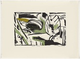 Artist: b'Marsden, David' | Title: b'Blasted westerly' | Date: 1984 | Technique: b'woodcut, printed in colour, from three blocks'