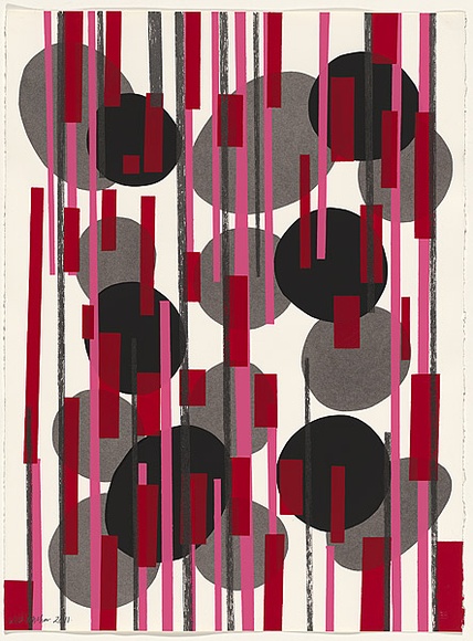 Title: not titled [vertical lines in pink red and grey over black and grey irregular circles] | Date: 2011 | Technique: screenprint, printed in colour, from multiple stencils