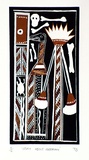 Artist: b'Bununggurr, Bobby.' | Title: b'Story about ceremony' | Date: 1993 | Technique: b'linocut, printed in black ink, from one block; hand-coloured'