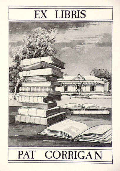 Artist: b'Backen, Earle.' | Title: b'Bookplate: Pat Corrigan.' | Date: c.1984 | Technique: b'offset-lithograph, printed in black ink'