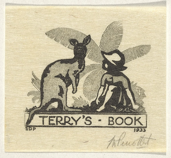 Artist: b'PERROTTET, George' | Title: bBookplate: Terry's book | Date: 1933 | Technique: b'linocut, printed in colour, from multiple blocks'