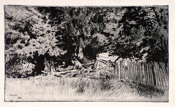 Artist: b'Cobb, Victor.' | Title: b'not titled (The broken fence).' | Date: 1931 | Technique: b'drypoint, printed in black ink with plate-tone, from one plate' Artist: b'Cobb, Victor.' | Title: b'not titled (The broken fence).' | Date: 1931 | Technique: b'drypoint, printed in black ink with plate-tone, from one plate'
