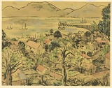 Artist: Crooke, Ray. | Title: Not titled [Queensland landscape]. | Date: 1957 | Technique: screenprint, printed in black ink, from stencil; hand-coloured