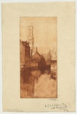 Artist: LONG, Sydney | Title: The belfry, Bruges | Date: c.1919 | Technique: line-etching and drypoint, printed in sepia ink with plate-tone, from one aluminium plate | Copyright: Reproduced with the kind permission of the Ophthalmic Research Institute of Australia