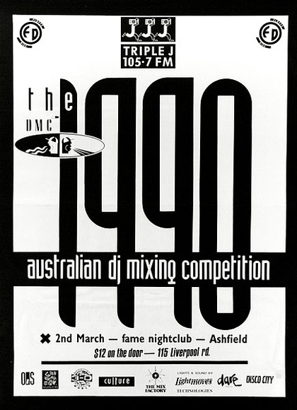 Artist: b'McDonald, Linsay.' | Title: b'The DMC Australian dj mixing competition' | Date: 1990 | Technique: b'screenprint, printed in black ink, from one stencil'