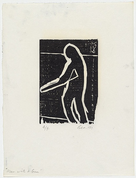 Artist: b'MADDOCK, Bea' | Title: b'Man with a gun' | Date: 24 July 1964 | Technique: b'woodcut, printed in black ink by hand-burnishing, from one pine block'
