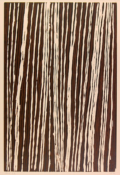 Artist: b'Tjupurrula, Turkey Tolsen' | Title: b'not titled [Straightening the spears]' | Date: 1992 | Technique: b'linocut, printed in colour, from two blocks'