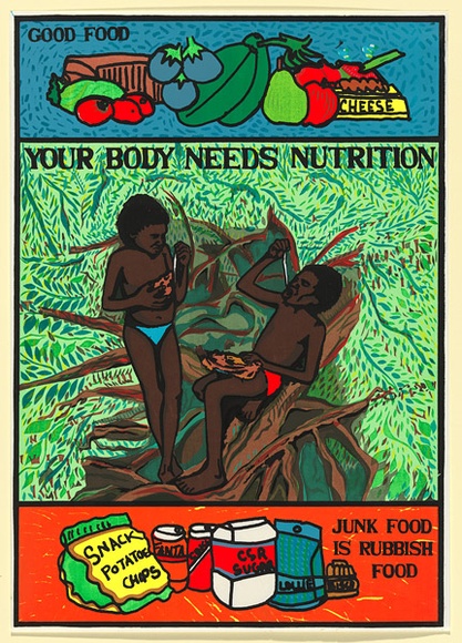 Artist: b'UNKNOWN' | Title: b'Your body needs nutrition' | Date: 1988 | Technique: b'screenprint, printed in colour, from multiple stencils'