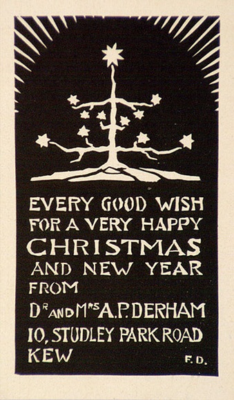 Artist: b'Derham, Frances.' | Title: b'Greeting card: [Christmas tree with stars] Christmas and New Year Dr and Mrs A.P. Derham.' | Date: (1932) | Technique: b'linocut, printed in black ink, from one block'