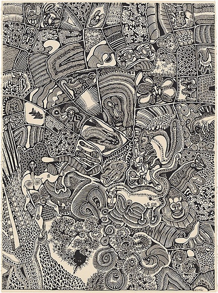 Artist: b'Wungi, Cecil King.' | Title: b'not titled [composition with man, animals and crocodile]' | Date: c.1981 | Technique: b'photo-screenprint, printed in black ink, from one stencil'