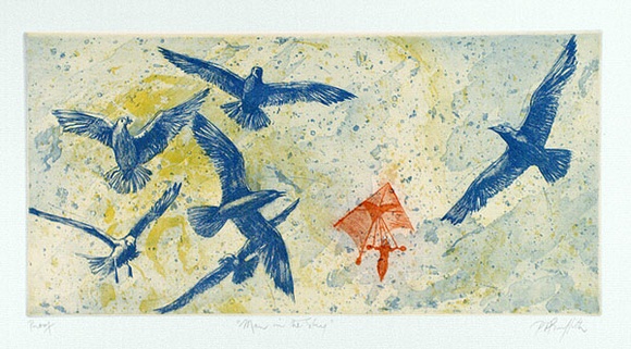 Artist: b'GRIFFITH, Pamela' | Title: b'Man in the Sky' | Date: 1980 | Technique: b'hardground-etching, aquatint, printed in colour from two zinc plates; additional marbelling' | Copyright: b'\xc2\xa9 Pamela Griffith'